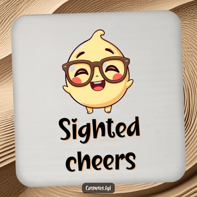 Funny Kawaii Cashew Coaster: A coaster featuring a cashew with oversized, comical spectacles, giggling, adding a funny and intelligent touch.