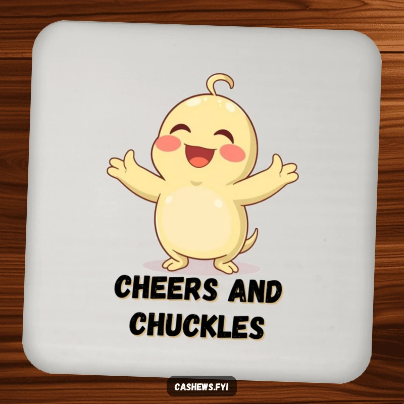 Funny drink coaster featuring a cashew with arms spread wide, laughing heartily and joyfully.