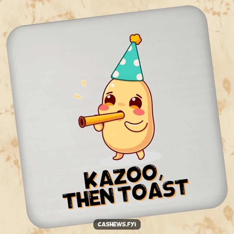 Funny drink coaster featuring a cashew wearing a party hat and enthusiastically blowing a kazoo, protecting surfaces with festive joy.