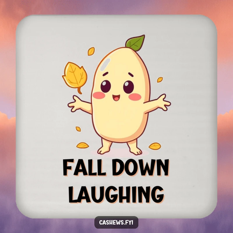 Funny drink coaster featuring a kawaii cashew character surprised by a falling leaf, arms outstretched, adding humorous protection.