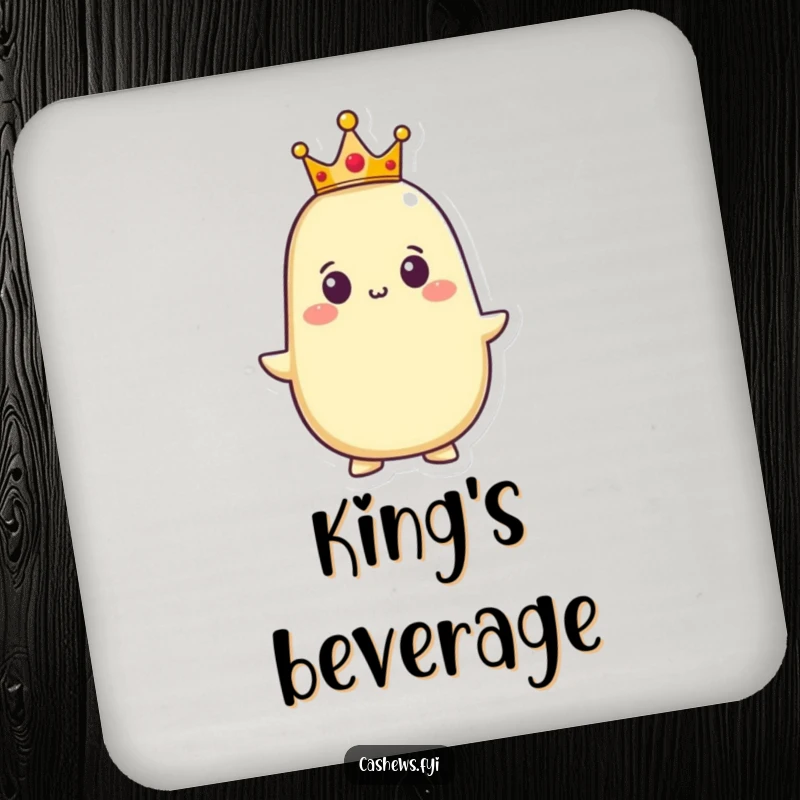 Funny coasters with a graphic of a proud cashew character wearing a tiny crown, embodying regal confidence and a humorous sense of superiority.