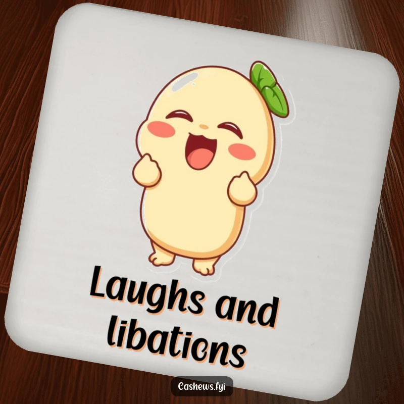 Funny coaster featuring a cashew character giggling uncontrollably, bringing a humorous vibe while protecting surfaces.