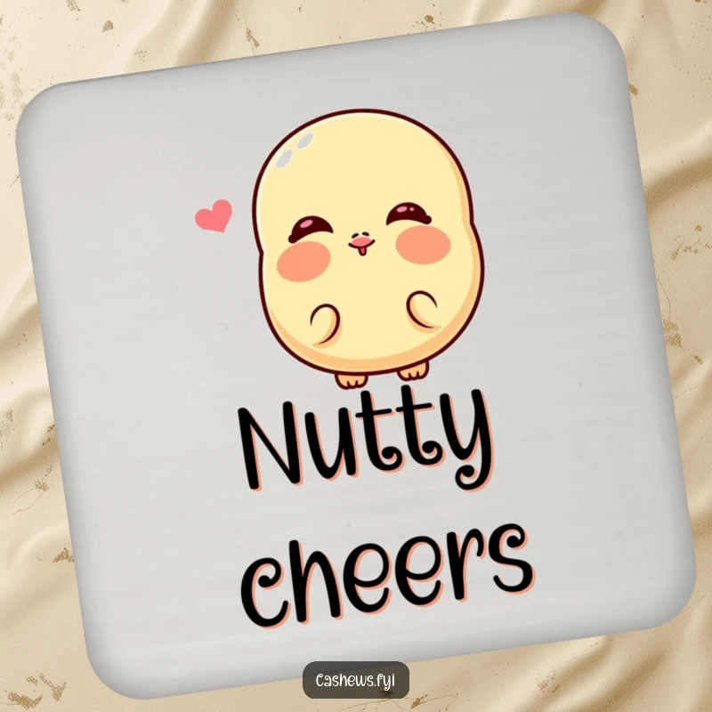 Funny Kawaii Cashew Coaster: A drink coaster with a cute cashew character blowing a kiss, featuring vibrant rosy cheeks for humorous appeal.