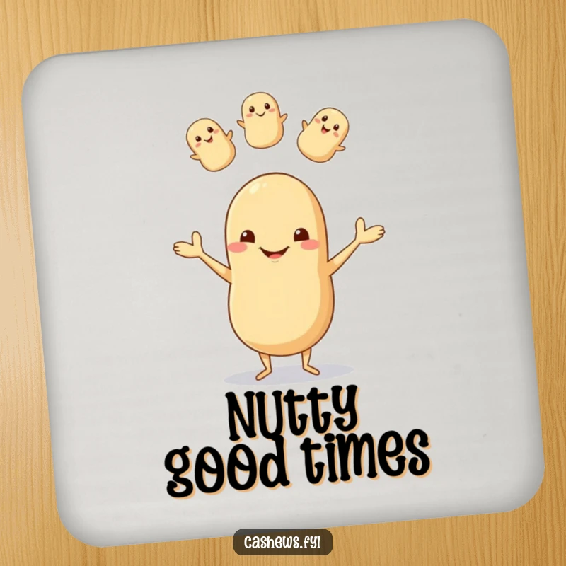 Funny drink coaster featuring a happy cashew with tiny legs juggling nuts, displaying a goofy grin, protecting surfaces with humor.