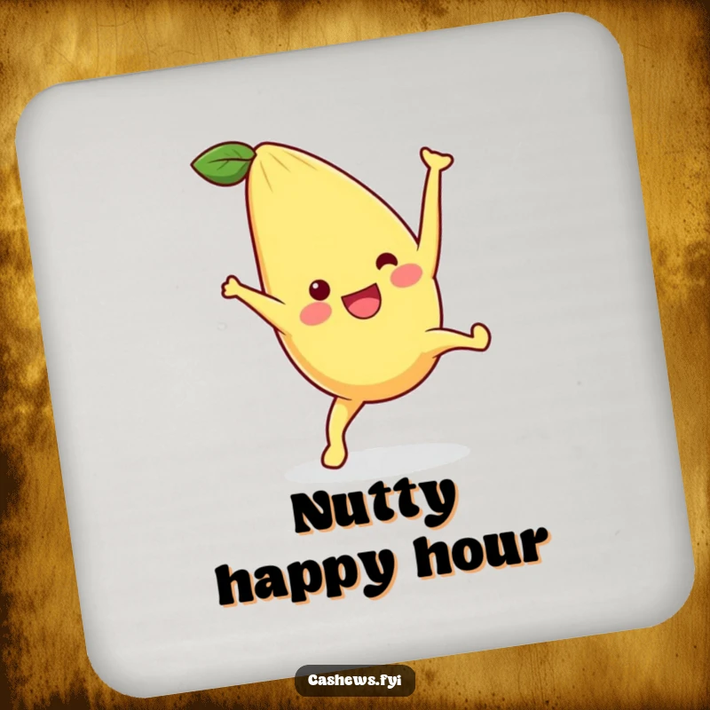 Funny drink coaster with a kawaii cashew performing a cartwheel, adding energetic humor and surface protection for a delightful funny gift.