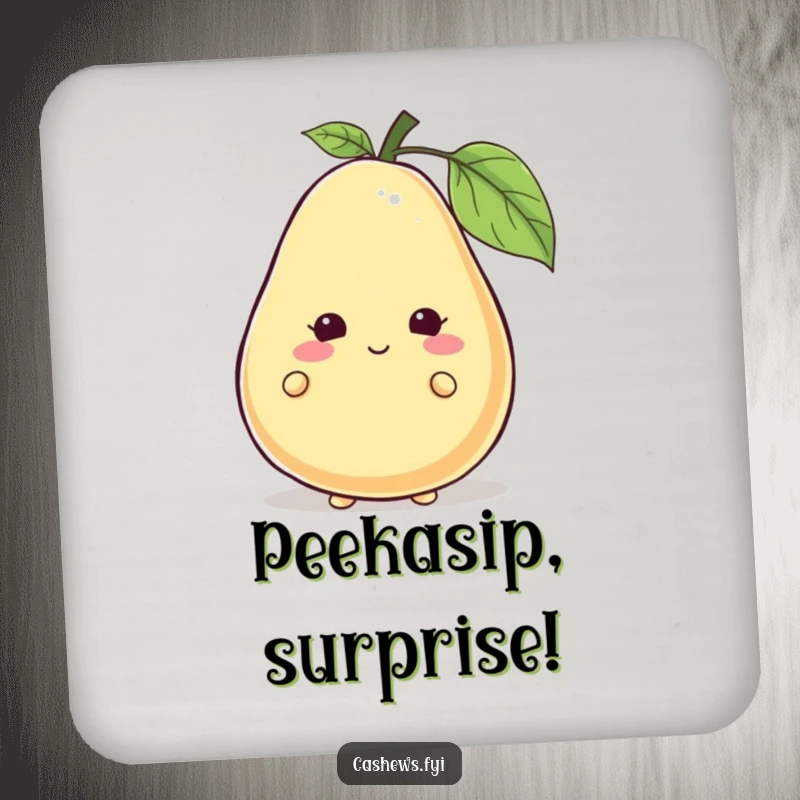 Funny cashew character peeking from behind a giant, smiling cashew on a drink coaster, adding playful charm, funny gift.