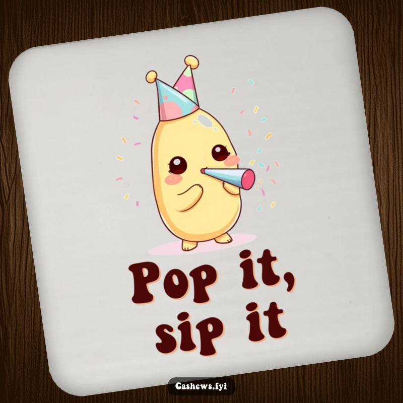 Funny kawaii cashew in a party hat, blasting confetti on a protective drink coaster.