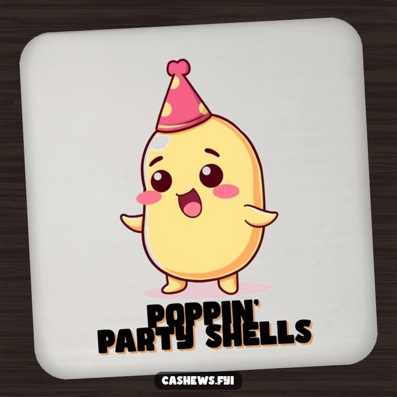 Funny coaster with a thrilled cashew nut wearing a tiny party hat, providing a humorous and protective base.