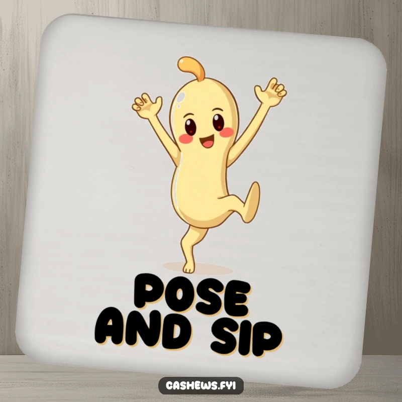 Funny coaster featuring a cashew character striking a dramatic pose, adding theatrical flair while protecting surfaces.