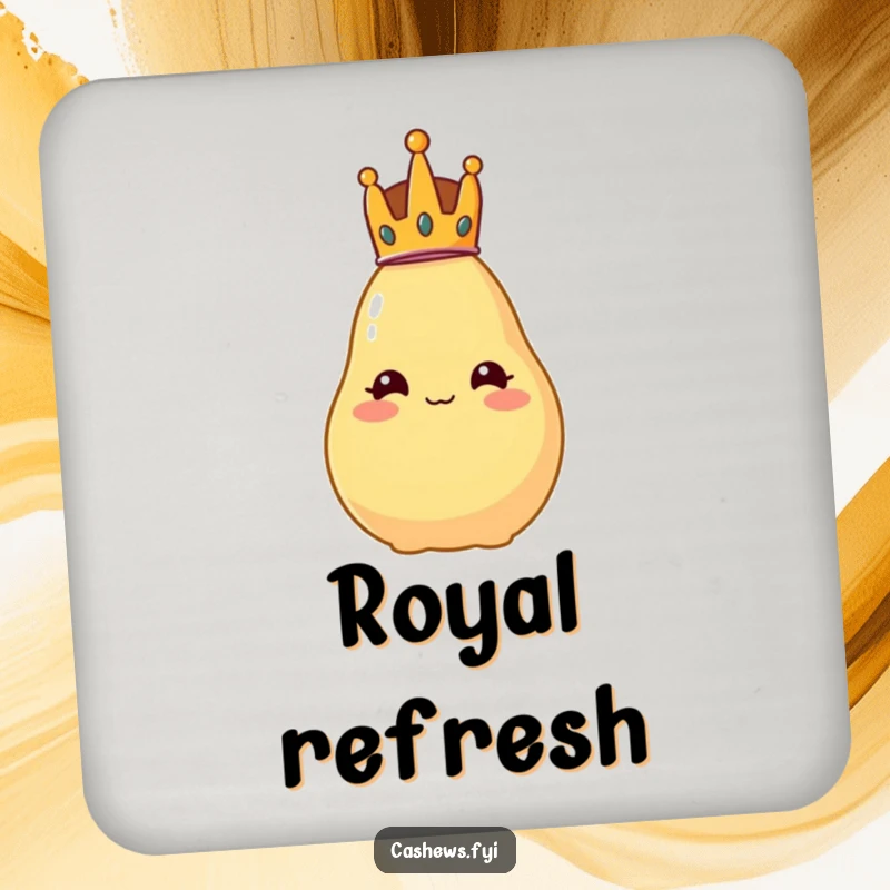 Funny drink coaster featuring a cashew wearing a tiny crown, looking regal but comically unstable.