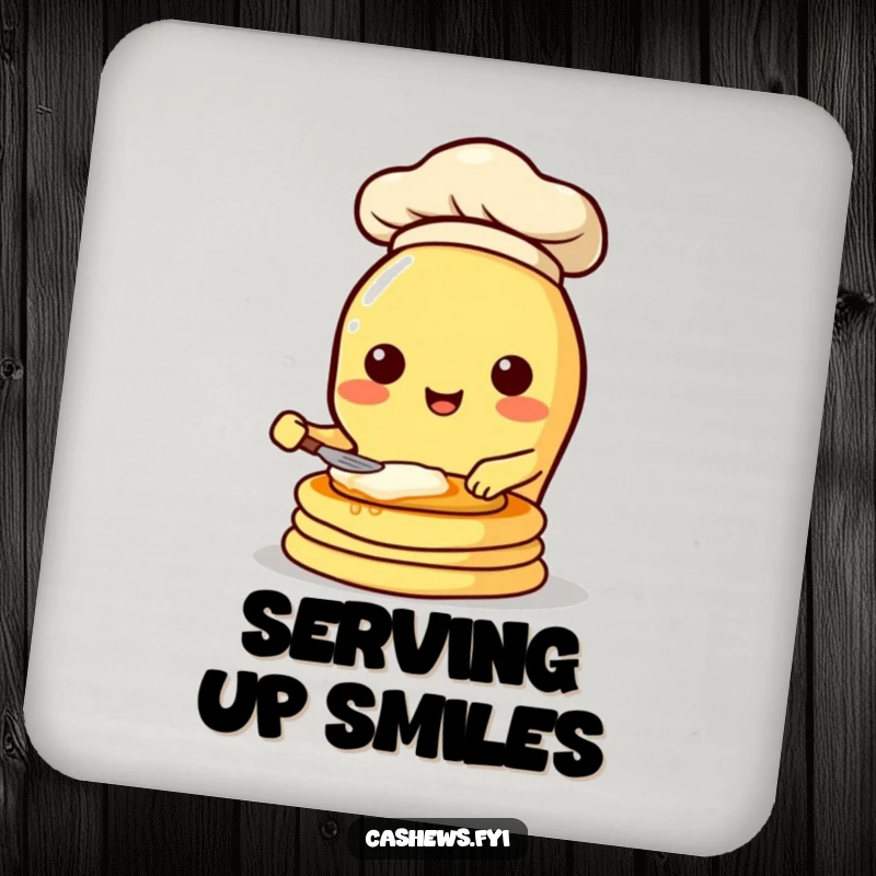 Funny drink coaster featuring a kawaii cashew character in a chef hat, energetically flipping pancakes, adding kitchen humor to surfaces.