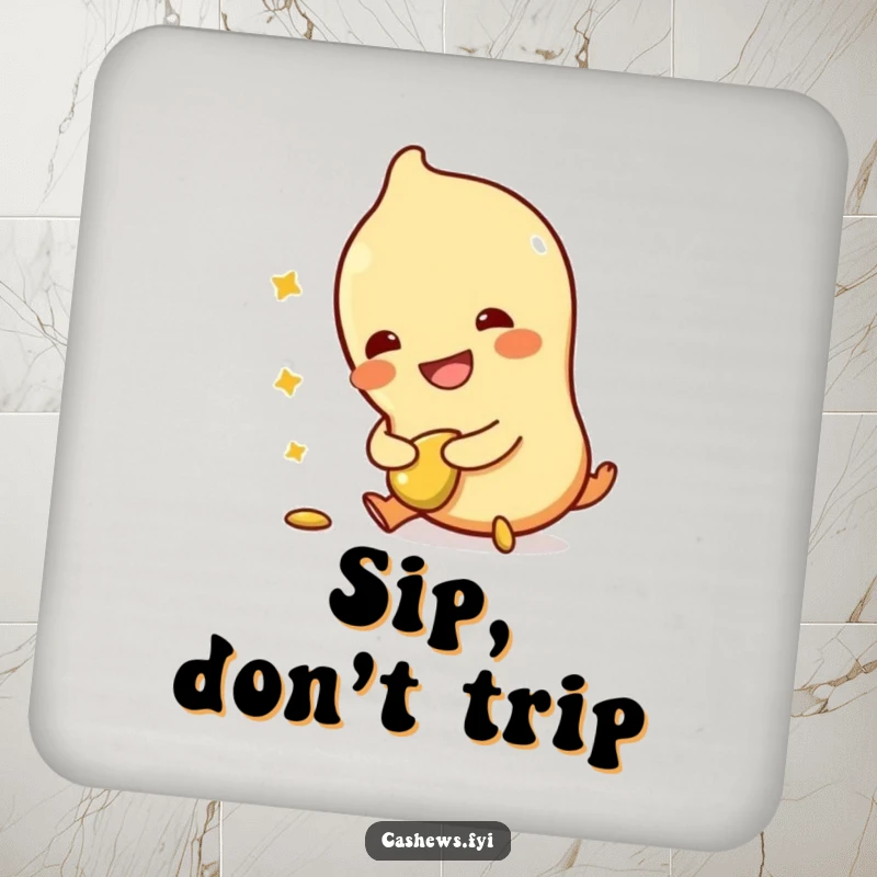 Funny drink coaster with a cashew character tripping, clutching a broken cashew, laughing, protecting surfaces with a humorous design.