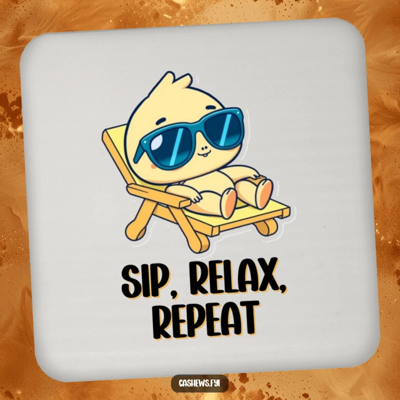 Funny cashew character in sunglasses lounging on a beach chair on a drink coaster, adding humor, perfect funny gift.