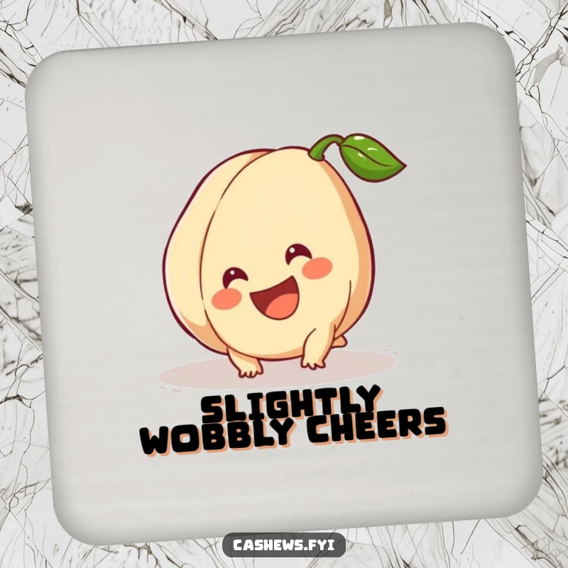 Funny Coasters: A cashew trips slightly but smiles broadly, adding resilient humor to protect surfaces from drinks.