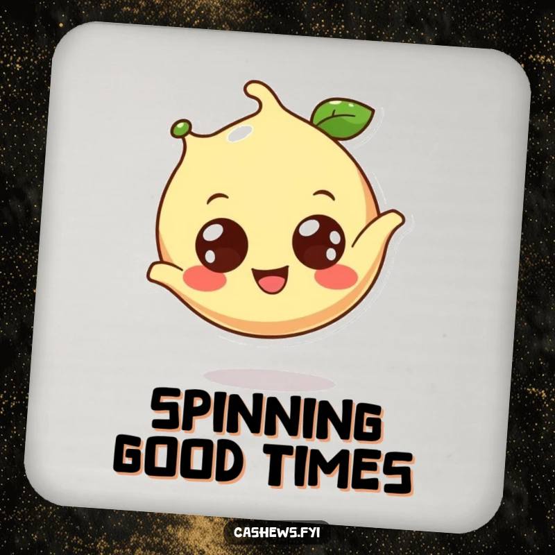 Funny cashew coaster featuring a cheerful cashew doing a somersault, adding humor to drink protection.