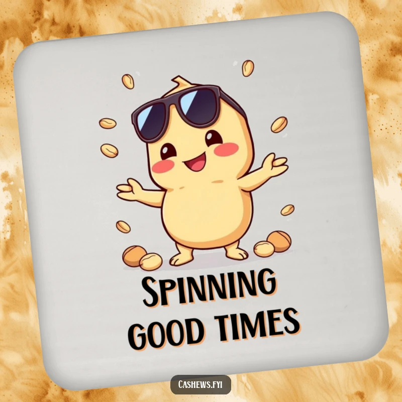Funny drink coaster featuring a kawaii cashew wearing sunglasses, juggling nuts with a grin, offering stylish and humorous surface protection.