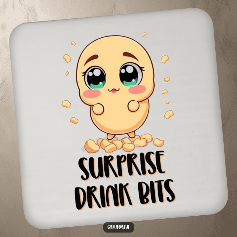 Funny surprised cashew drink coaster featuring a nut with wide, shocked eyes reacting to a shower of cashew bits, a fun table protector.