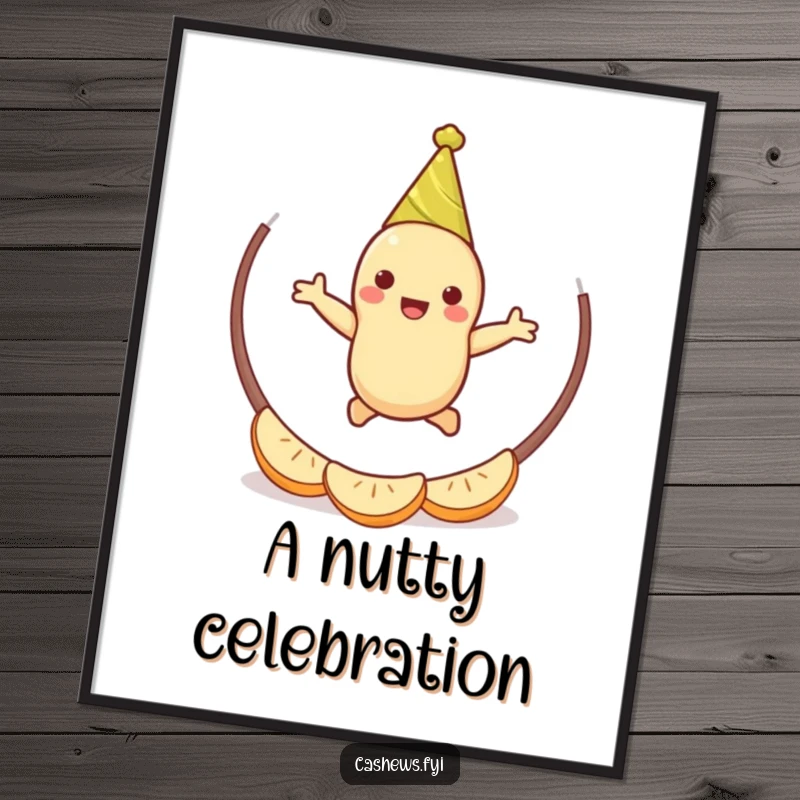 Funny cashew party poster depicting a joyful cashew character in celebration mode, jumping through a hoop of cashew halves with great enthusiasm.