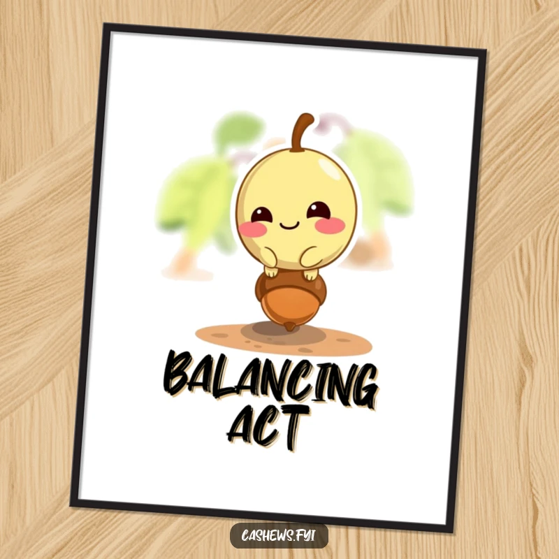 Funny cashew poster of a mischievous cashew grinning while balancing on a tiny acorn, a humorous art piece.