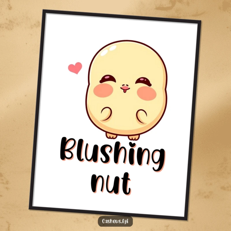 Funny Kawaii Cashew Poster: A delightful cashew art print with rosy cheeks blowing a cartoon kiss, perfect humorous wall decor.