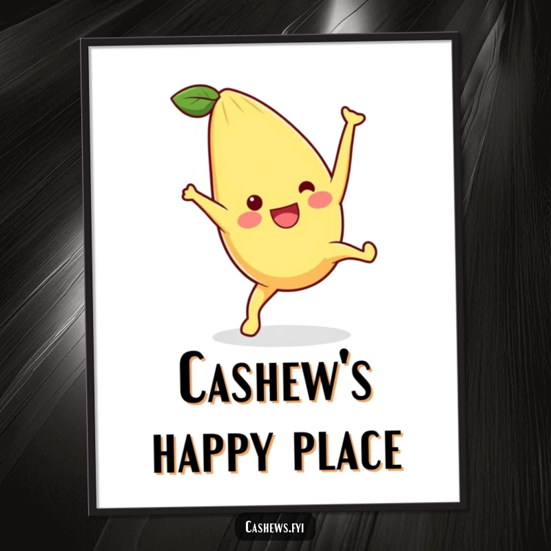 Funny poster featuring a kawaii cashew character in a joyful cartwheel pose, creating an atmosphere of energetic fun and happiness.