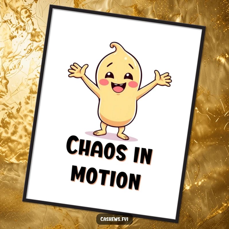 Funny cashew character in a silly, joyous dance pose on a poster, bringing energy, perfect funny gift.