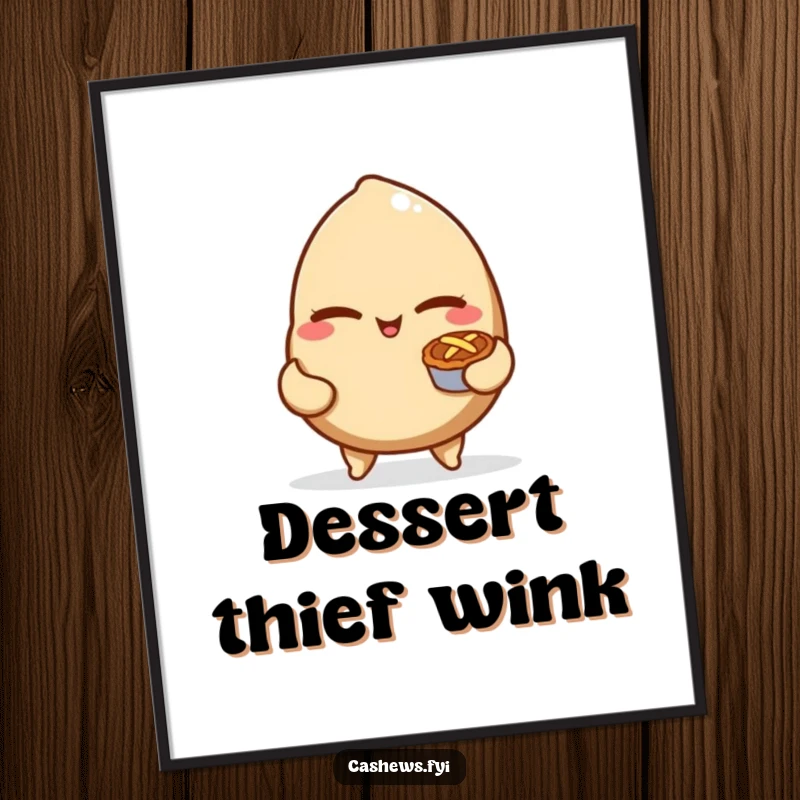 Funny poster capturing a mischievous cashew nut winking and holding a tiny pie, representing playful indulgence and sweet temptation.