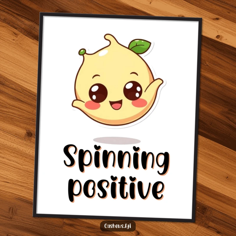 Funny cashew poster of a wide-eyed, happy cashew doing a playful somersault, adding vibrant energy.