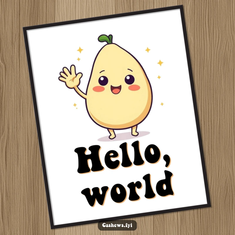 Funny poster art of a kawaii cashew character excitedly waving hello, surrounded by tiny starbursts, creating a bright and cheerful image.