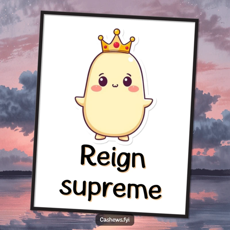 Funny poster of a proud cashew character wearing a small golden crown, its expression conveying regal confidence and a humorous sense of self-importance.