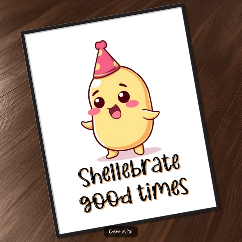 Funny poster showcasing a delighted cashew nut wearing a festive party hat, full of excitement and ready to party.