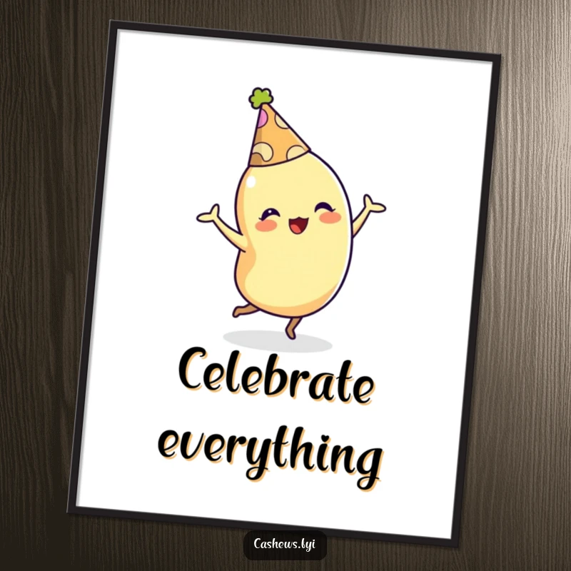 Funny poster art of a cashew character in a party hat dancing energetically, bringing a festive and joyful atmosphere.