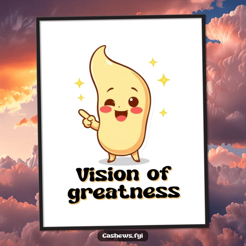 Funny poster art of an excited cashew character pointing at a sparkling, imaginary cashew, adding vibrant, joyful decor.