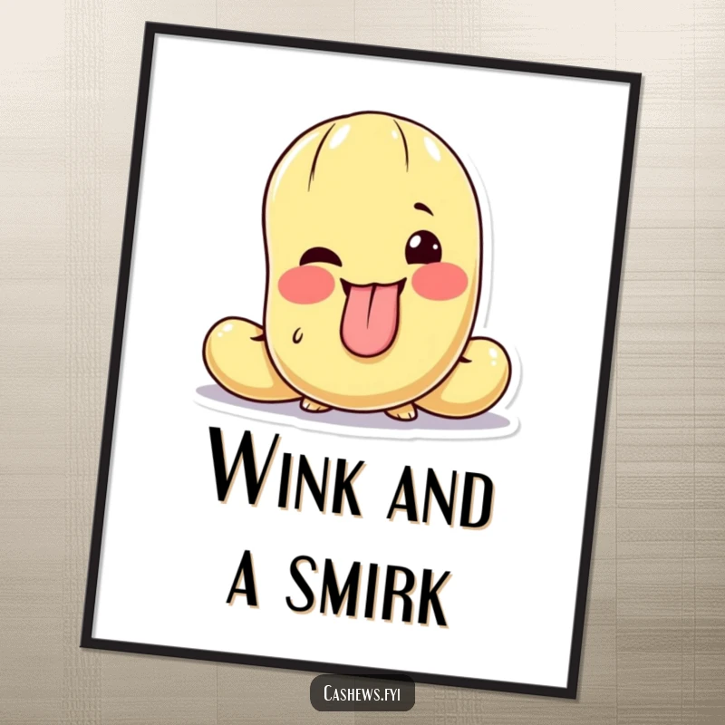 Funny poster art of a cashew character sticking its tongue out and giving a delightful, playful wink.