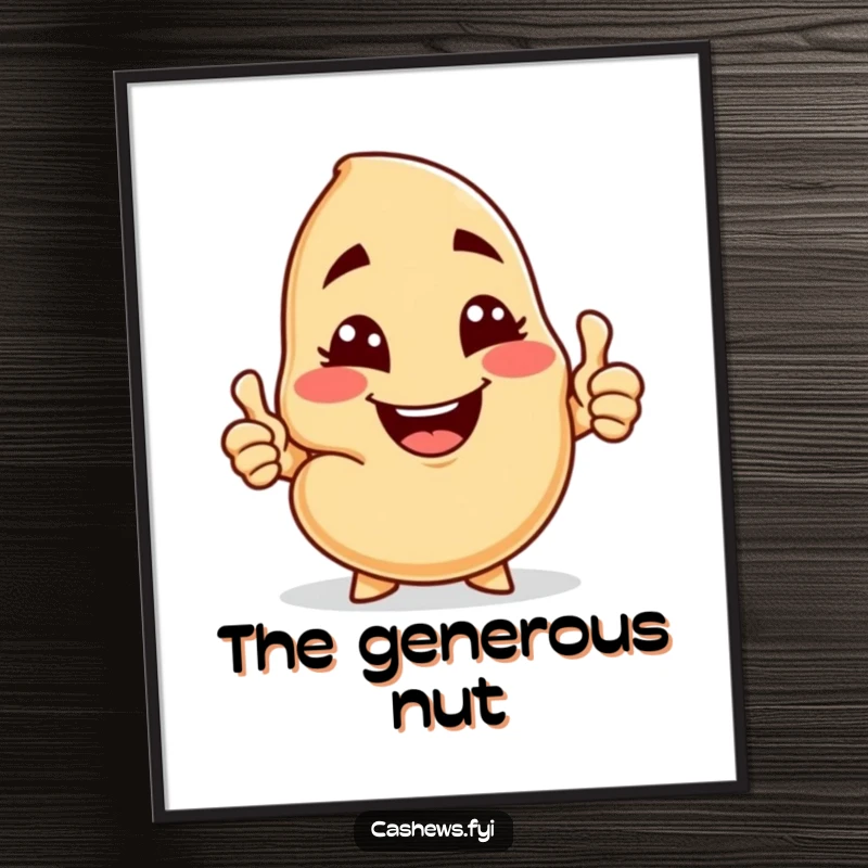 Funny poster print of a cashew character with a cheeky grin, winking and offering a cashew nut, inviting interaction.