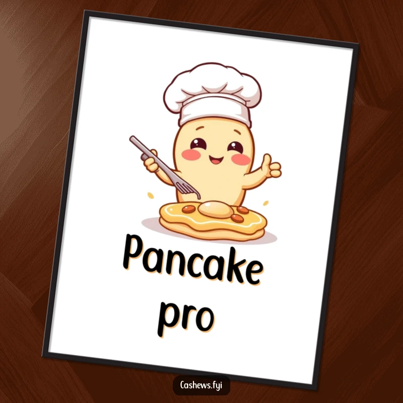 Funny poster of a kawaii cashew chef dramatically flipping a pancake, bringing theatrical and humorous energy to kitchen decor.