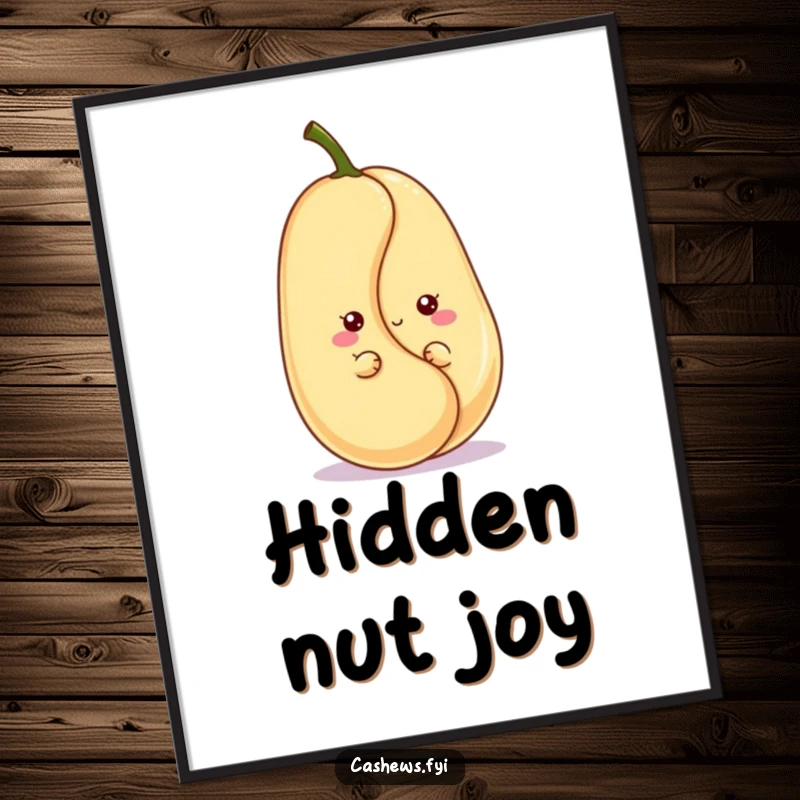 Funny kawaii cashew poster depicting a cute character peeking with a playful grin, adding charming nutty humor to decor.