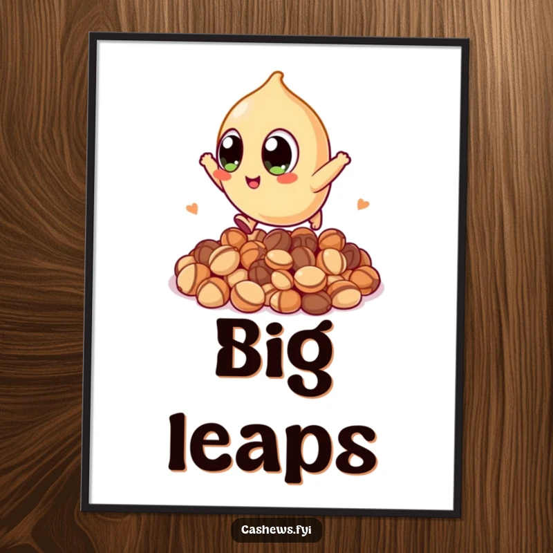 Funny poster of a kawaii cashew with huge eyes, energetically leaping over a pile of nuts, bringing charming and humorous energy to walls.