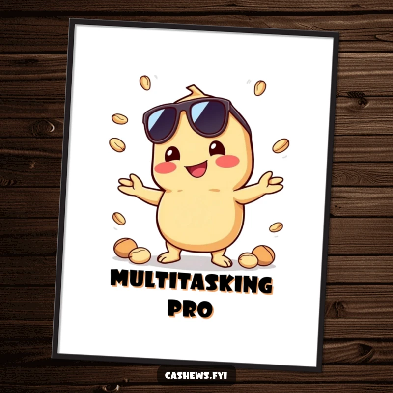 Funny poster of a kawaii cashew with sunglasses, juggling nuts with a grin, bringing a cool and humorous vibe to wall decor.