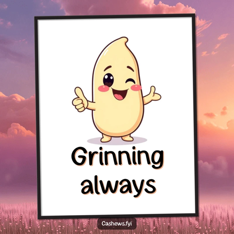 Funny poster featuring a kawaii cashew character with a big grin and thumbs-up, ideal for cute and humorous wall decor.