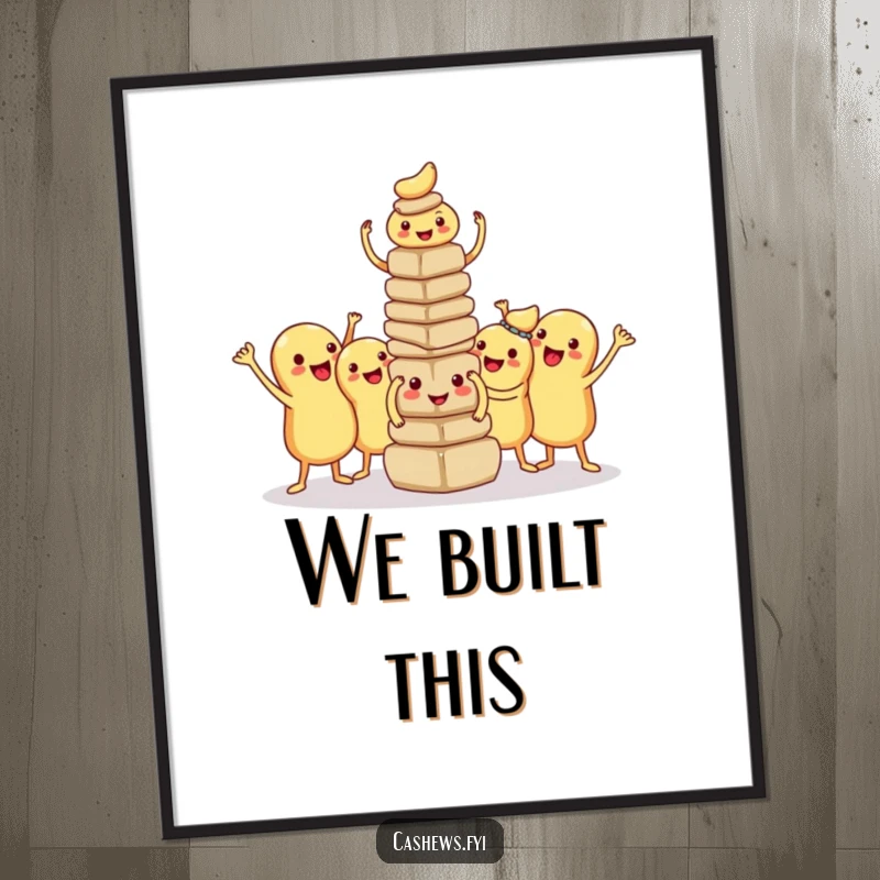 Funny kawaii cashew poster featuring a group of proud, silly-faced nuts posing victoriously after constructing a small tower, celebrating success.