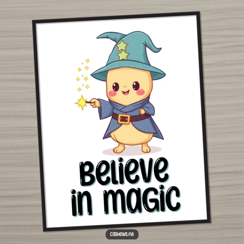 Funny poster of a Kawaii cashew wizard casting sparkling cashew dust from a wand, perfect for magical and humorous wall decor.