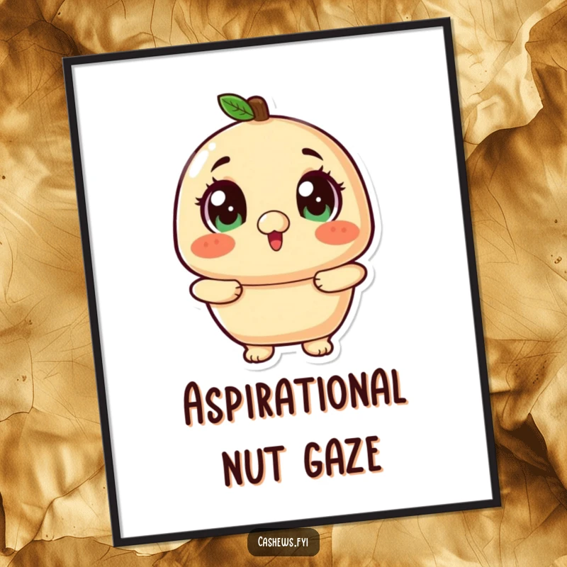 Funny kawaii cashew with wide, twinkling eyes looking up excitedly on a poster.
