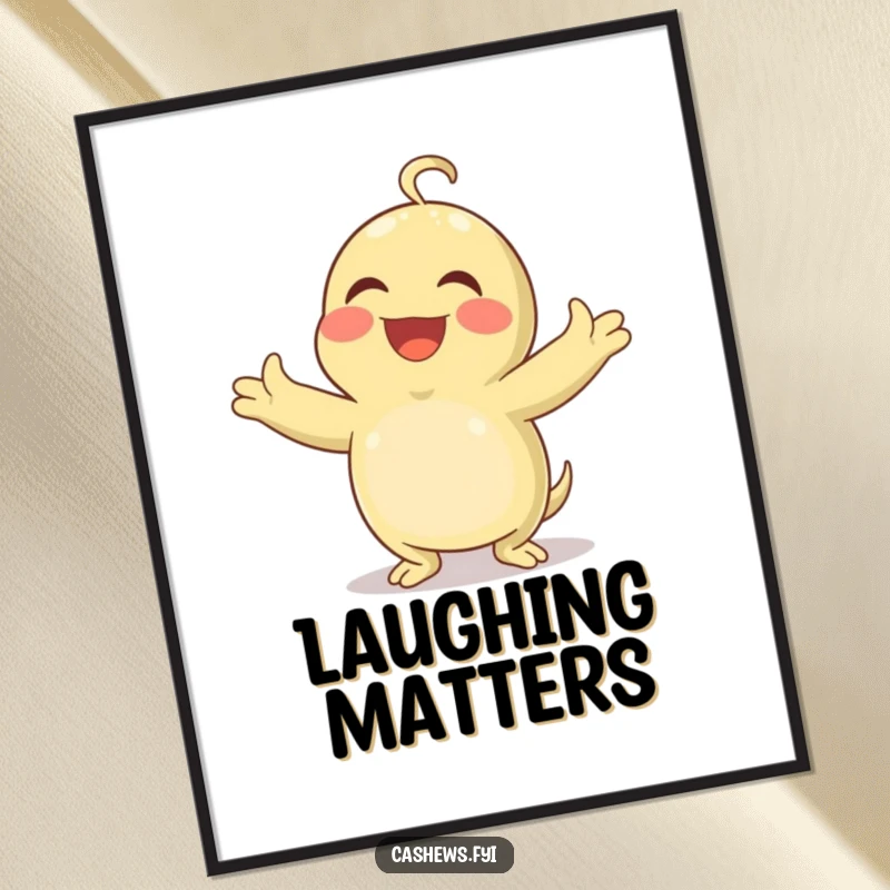 Funny poster showing a cashew with arms outstretched, laughing heartily and with absolute, contagious delight.