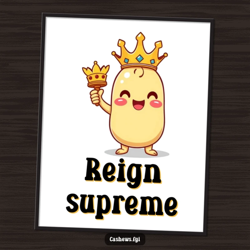 Funny wall poster of a triumphant kawaii cashew character holding a miniature crown, embodying victory and regal charm.