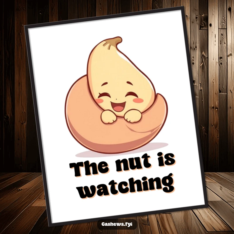 Funny poster showcasing a laughing cashew peeking out, winking slyly from behind a large cashew nut, adding a playful element.