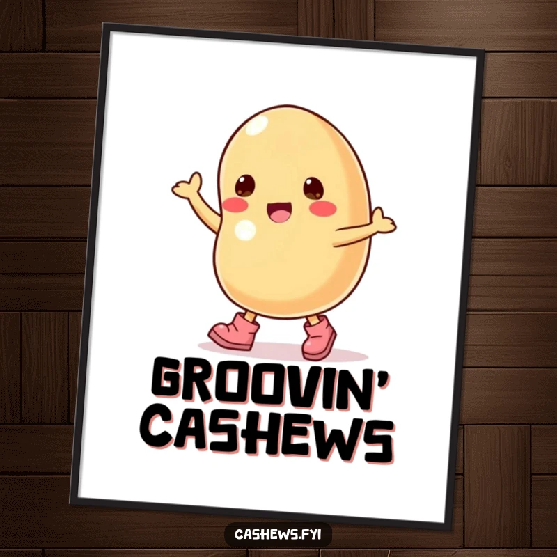 Funny poster print of a cashew nut character wearing small boots and dancing with glee.