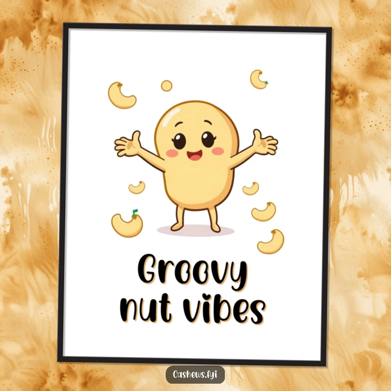 Funny cashew poster depicting a character doing a playful dance with arms outstretched amidst cashew shapes, adding nutty joy to decor.
