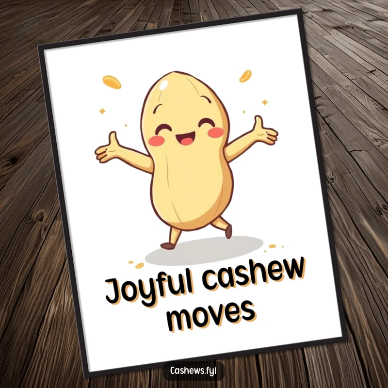 Funny poster of a cashew doing a delighted jig with arms outstretched and cashew dust swirling, capturing energetic dance and joy.