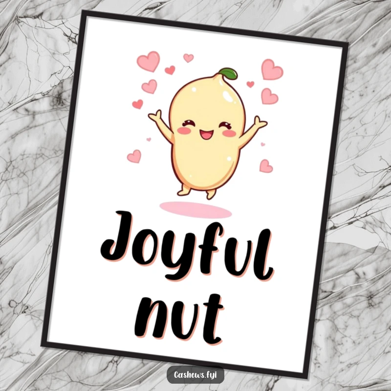 Funny Kawaii Cashew Poster: An art print of a cashew character dancing with glee, showered in hearts, creating a joyful and humorous visual.